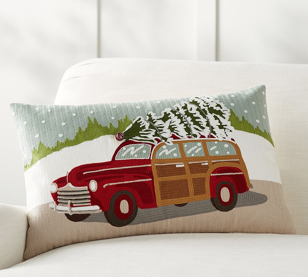 Woody Car Crewel Embroidered Lumbar Pillow Cover