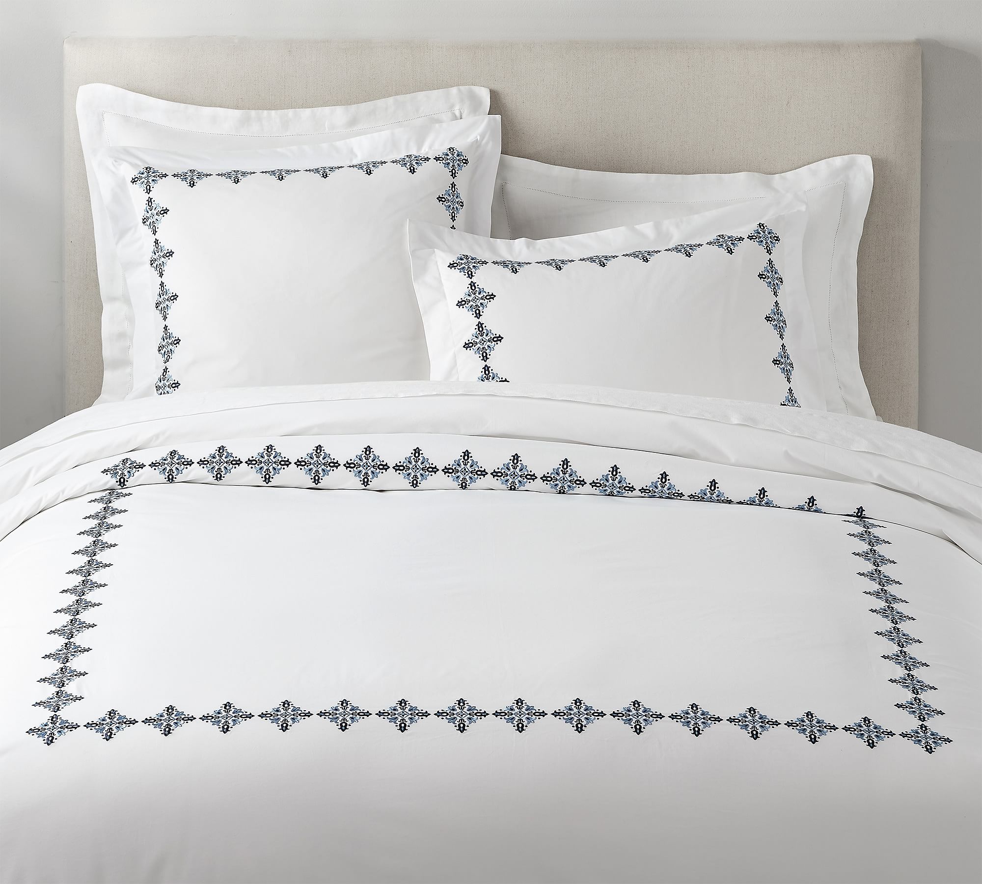 Tile Embroidered Organic Percale Duvet Cover