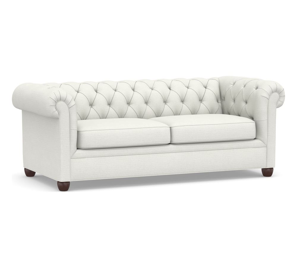 Chesterfield Roll Arm Upholstered Sofa 88", Polyester Wrapped Cushions, Basketweave Slub Ivory