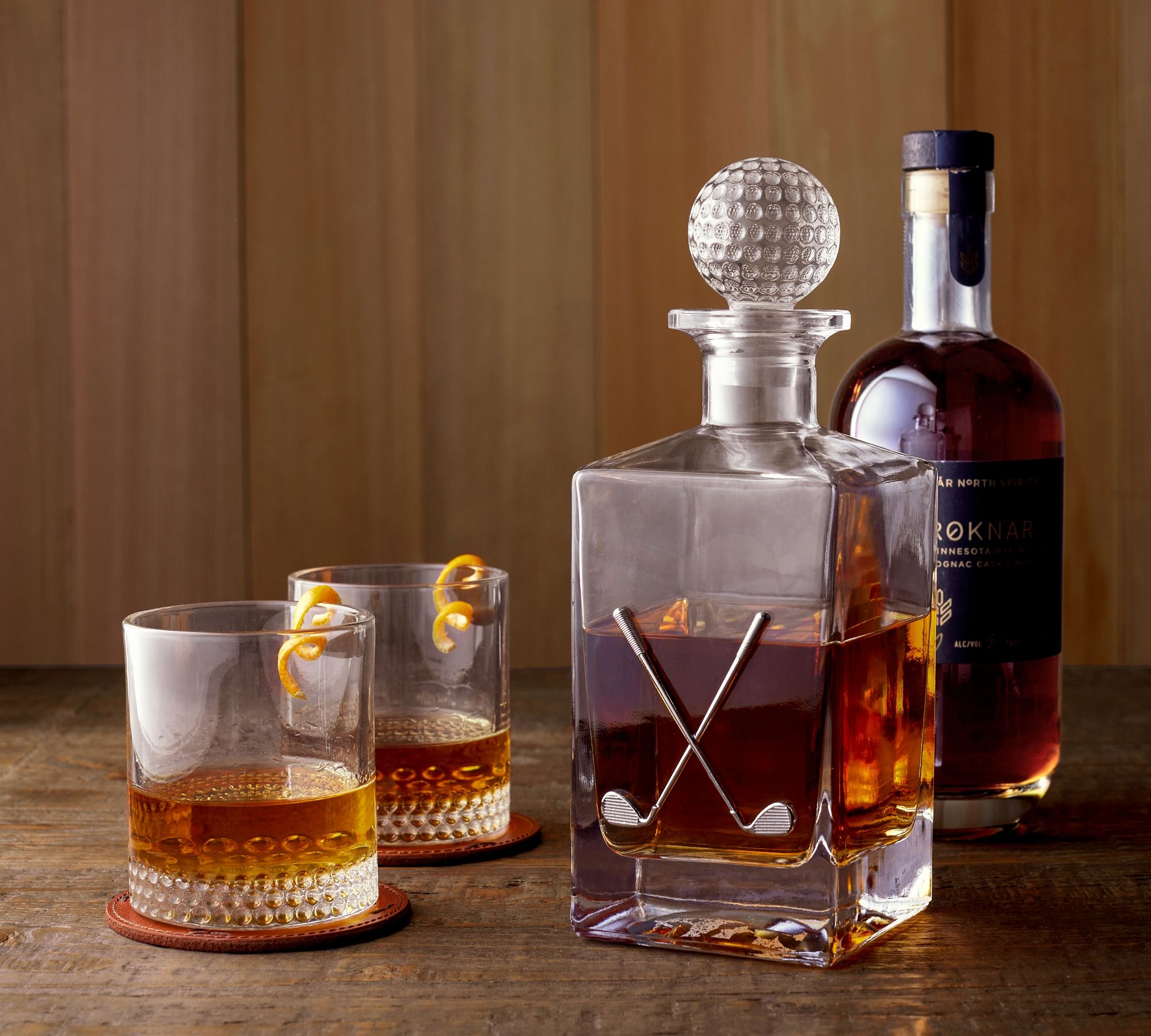 Figural Golf Decanter & Double Old Fashioned Glasses