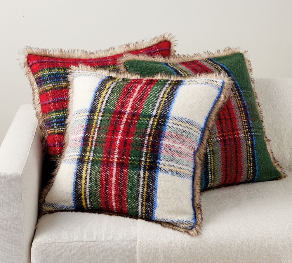 Plaid pillow 2025 with fur trim