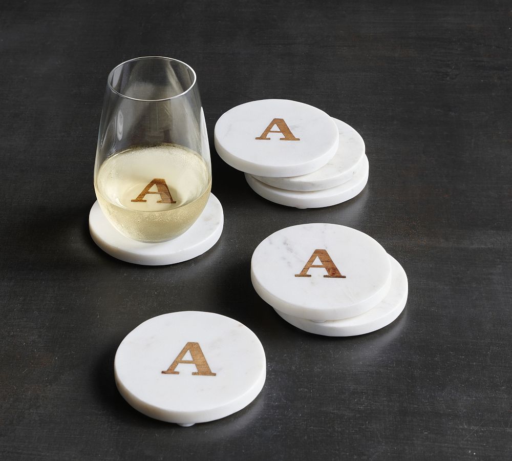 Handmade Alphabet Marble &amp; Wood Coasters - Set of 4
