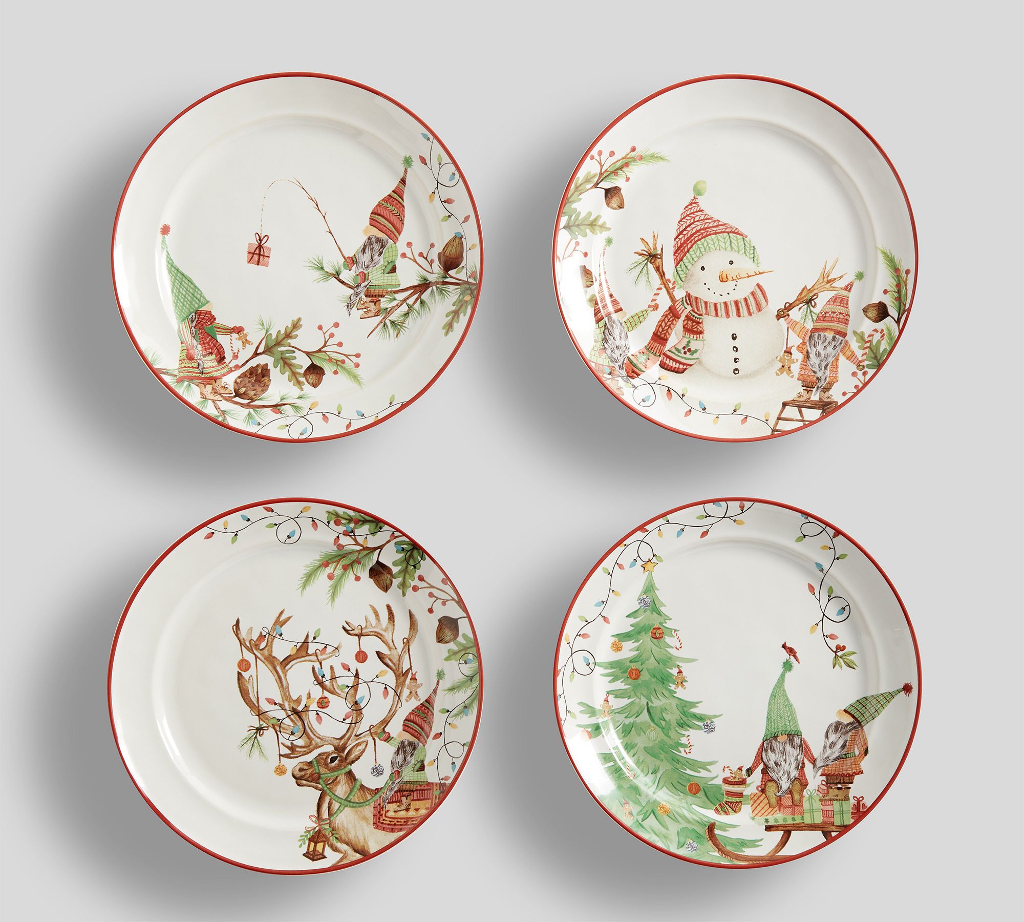 Forest Gnome Christmas Spirit Stoneware Salad Plates - Mixed Set of 4