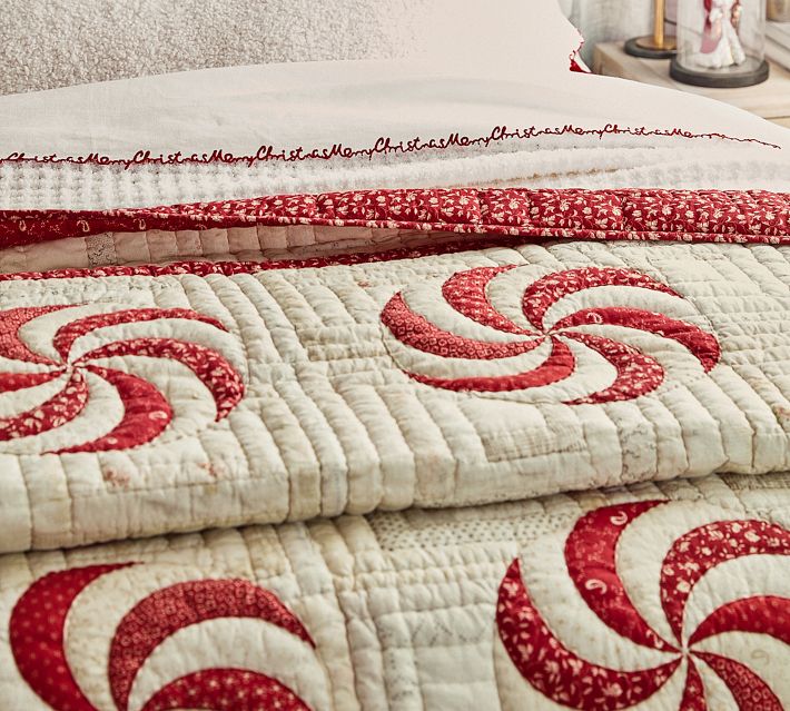 Pottery Barn Peppermint Swirls Handcrafted Reversible Quilted Sham