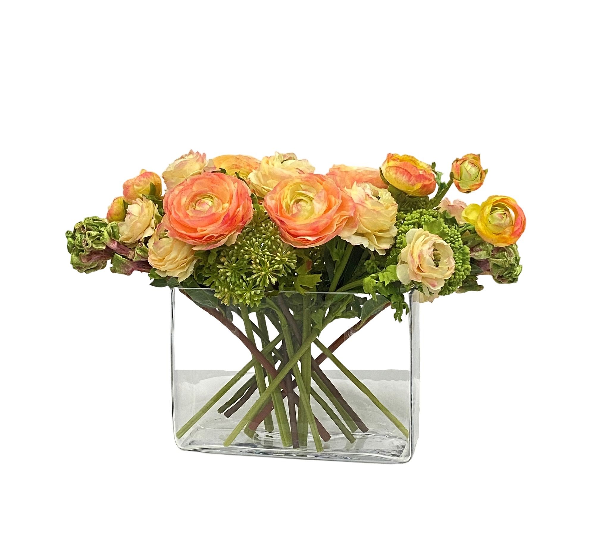 Faux Ranunculus & Rose Mix Glass Rectangle Vase
