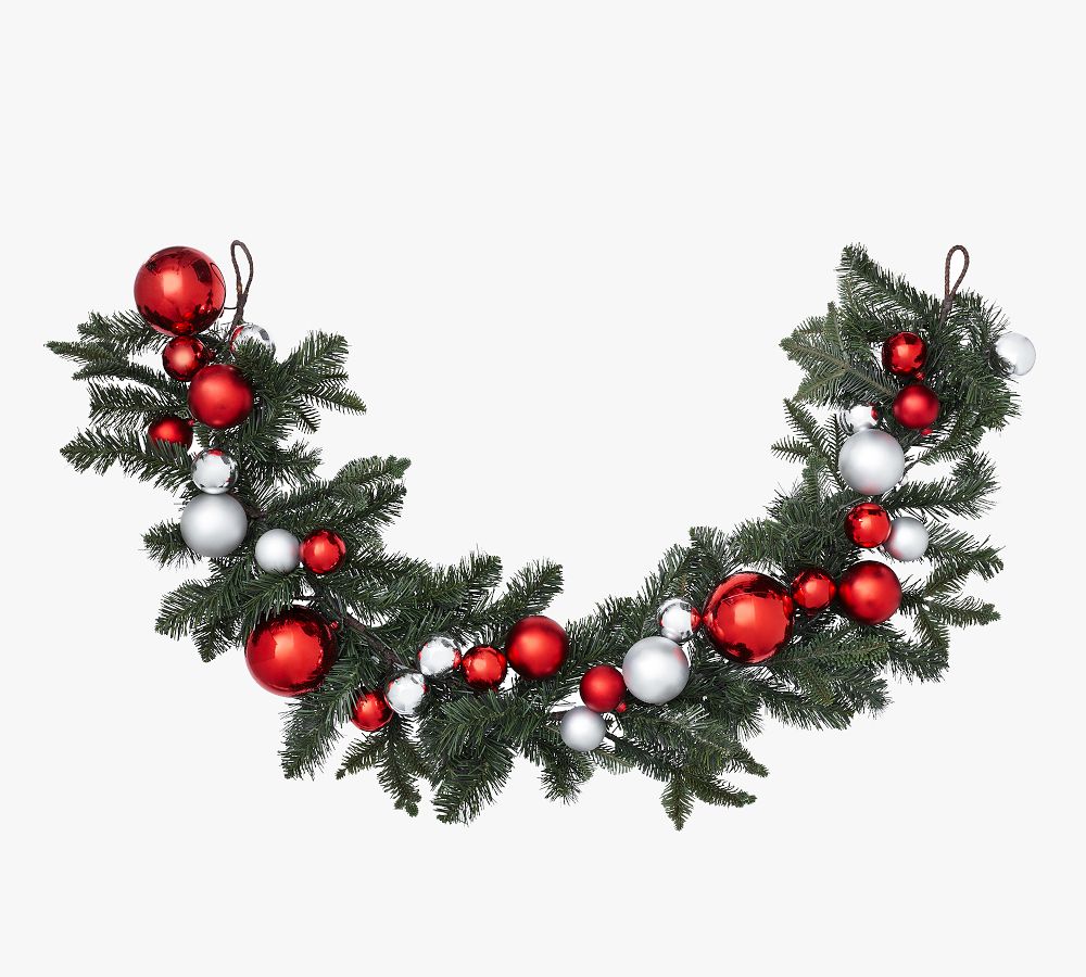 Ornament & Pine Garland, 5 Ft., Red/Silver