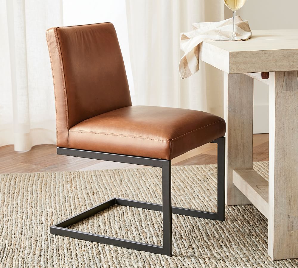 Classic Leather Metal Cantilever Dining Chair