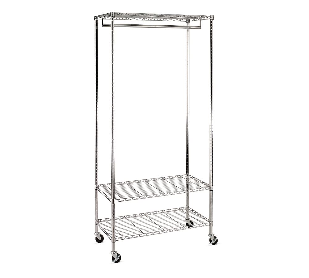 Chrome Rolling Clothing Rack with Shelves