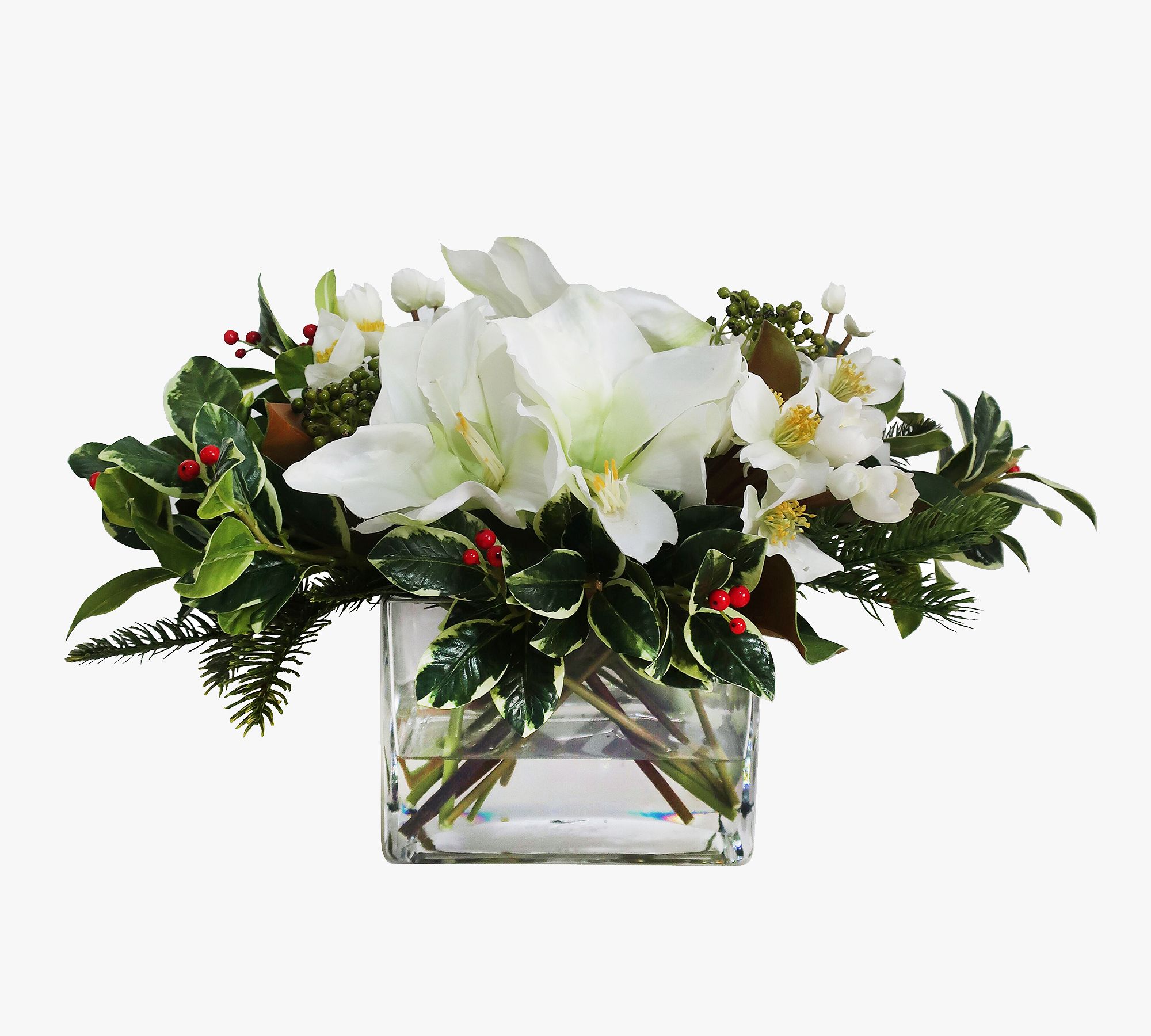 Faux Holiday Amaryllis & Holly In Vase