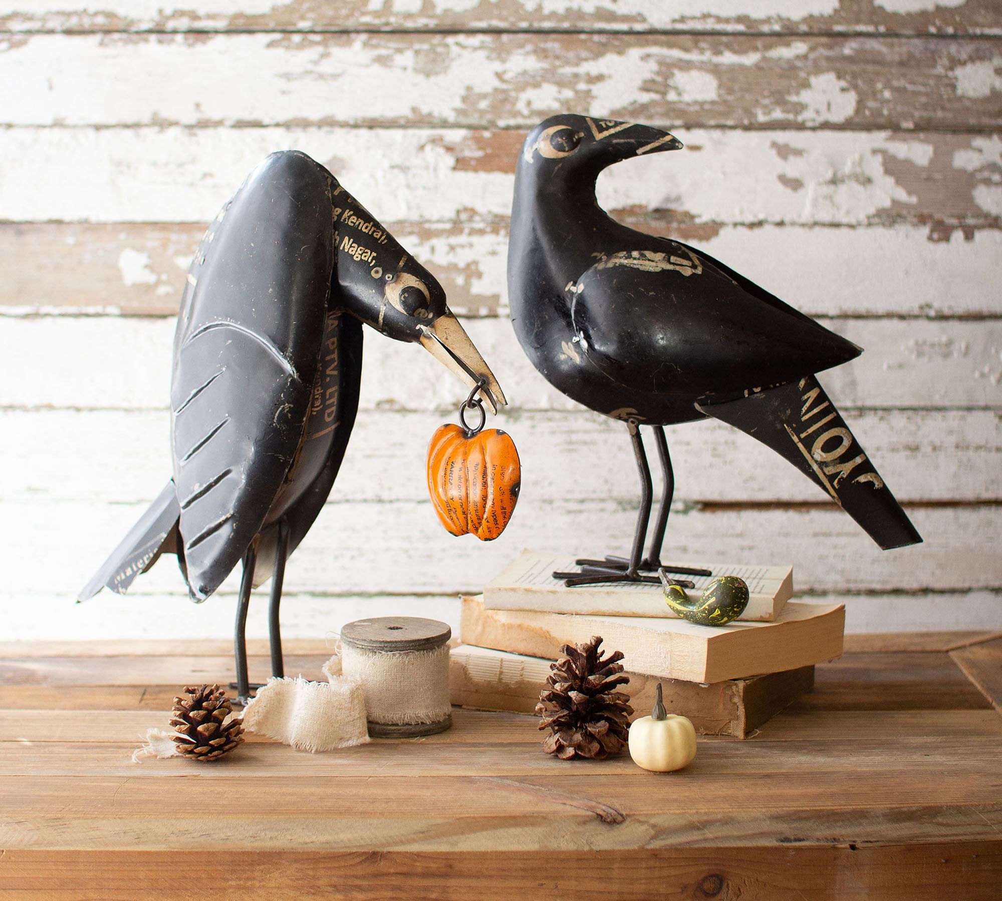 Recycled Iron Crows with Pumpkin - Set of 2