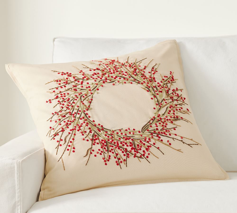 Berry Wreath Embroidered Pillow Cover