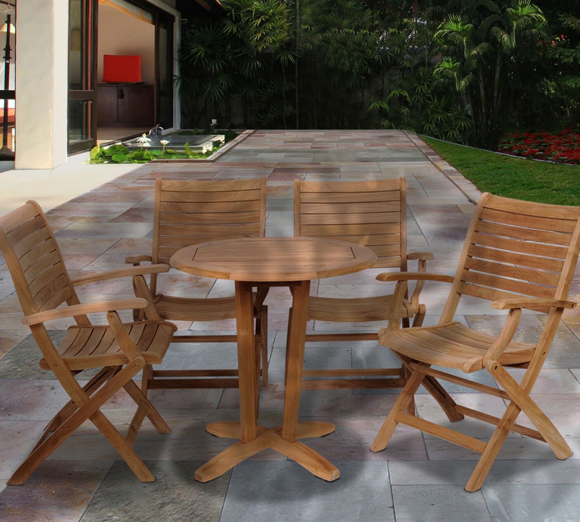 Val 5-Piece Teak Bistro Table with Maya Folding Dining Armchair Set