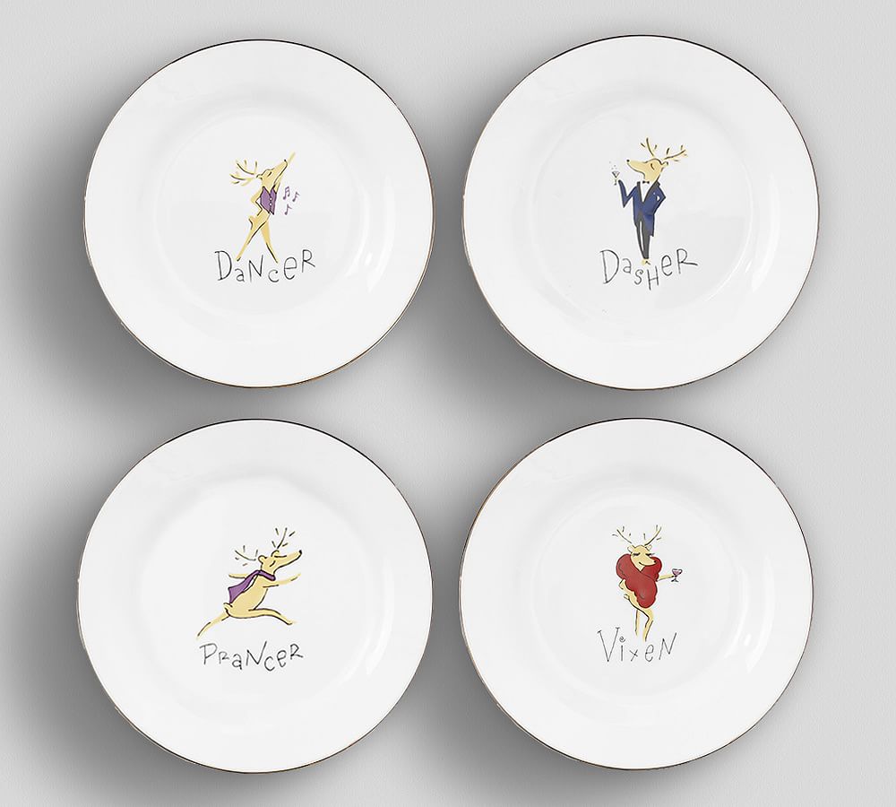 Santa's Reindeer Porcelain Dinner Plates - Set of 4