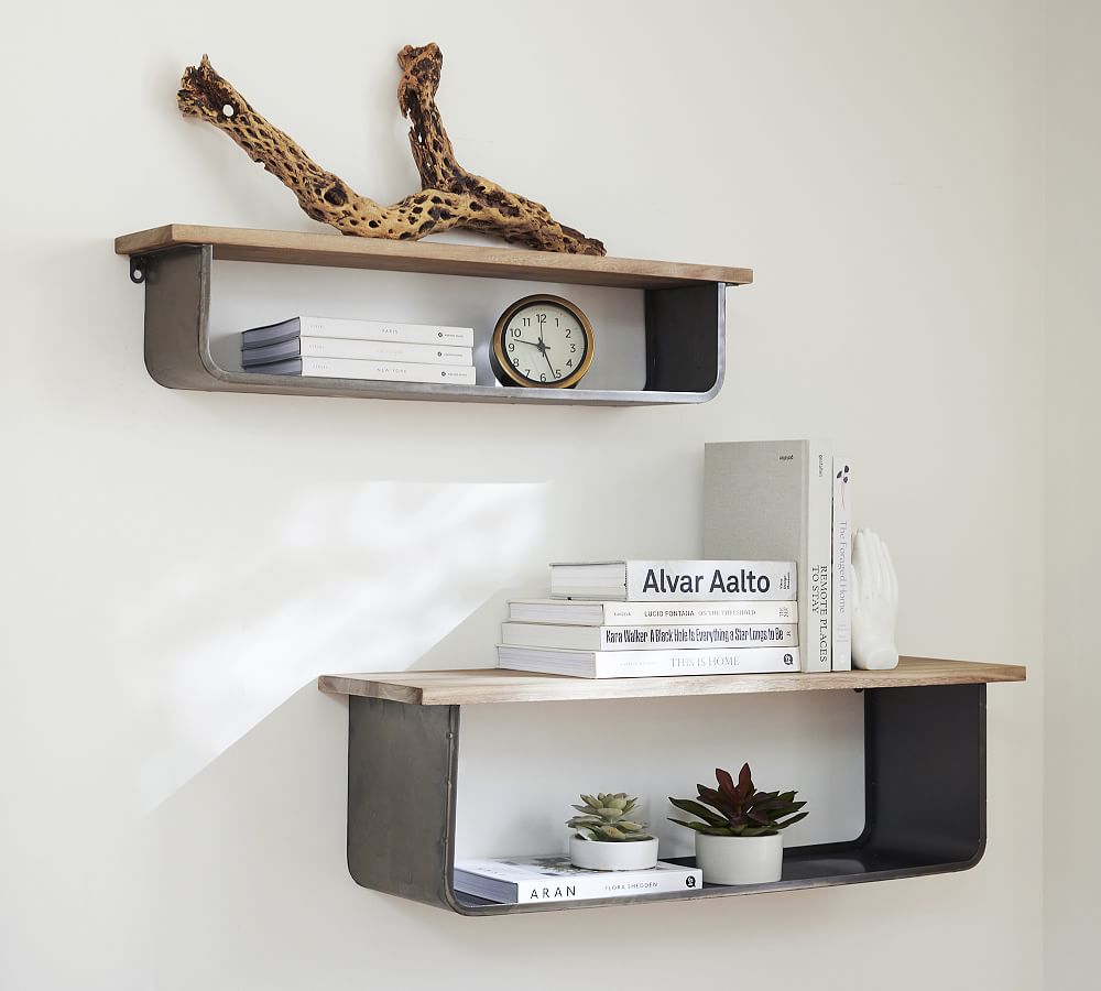 Floating Wood &amp; Metal Shelves - Set of 2