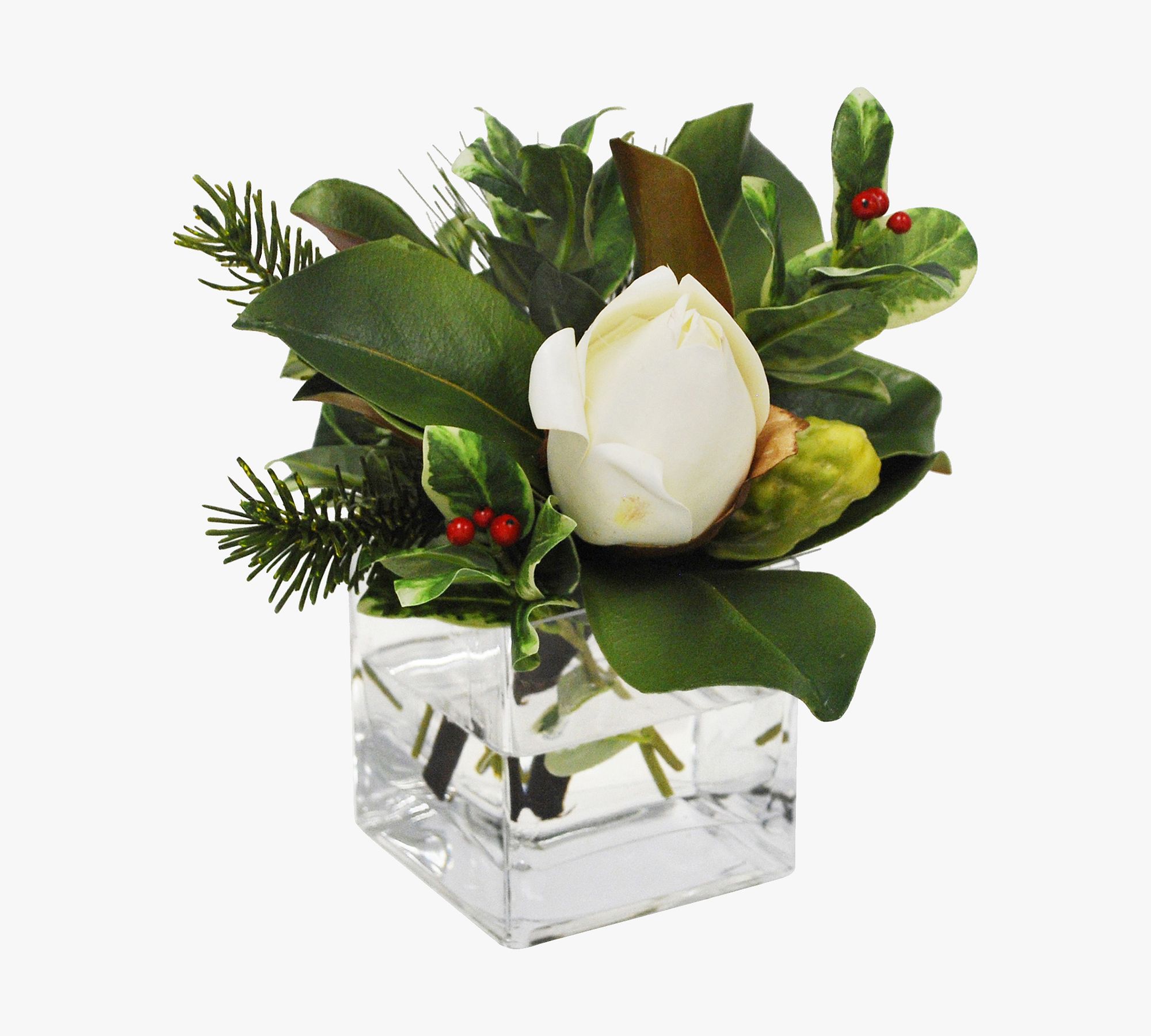 Faux Magnolia & Holly Arrangement in Square Glass Vase