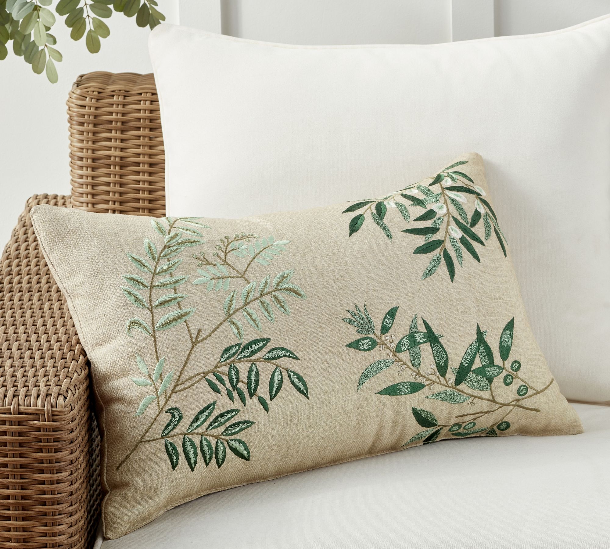 Fern Botanical Embroidered Outdoor Lumbar Pillow
