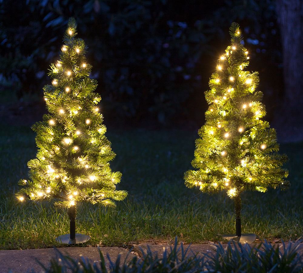 Outdoor Lit Warm LED Faux Winchester Fir Walkway Trees - Set of 2