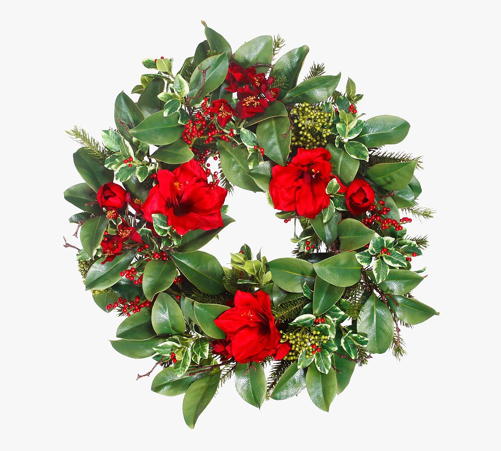 Faux Garden Amaryllis &amp; Holly Wreath