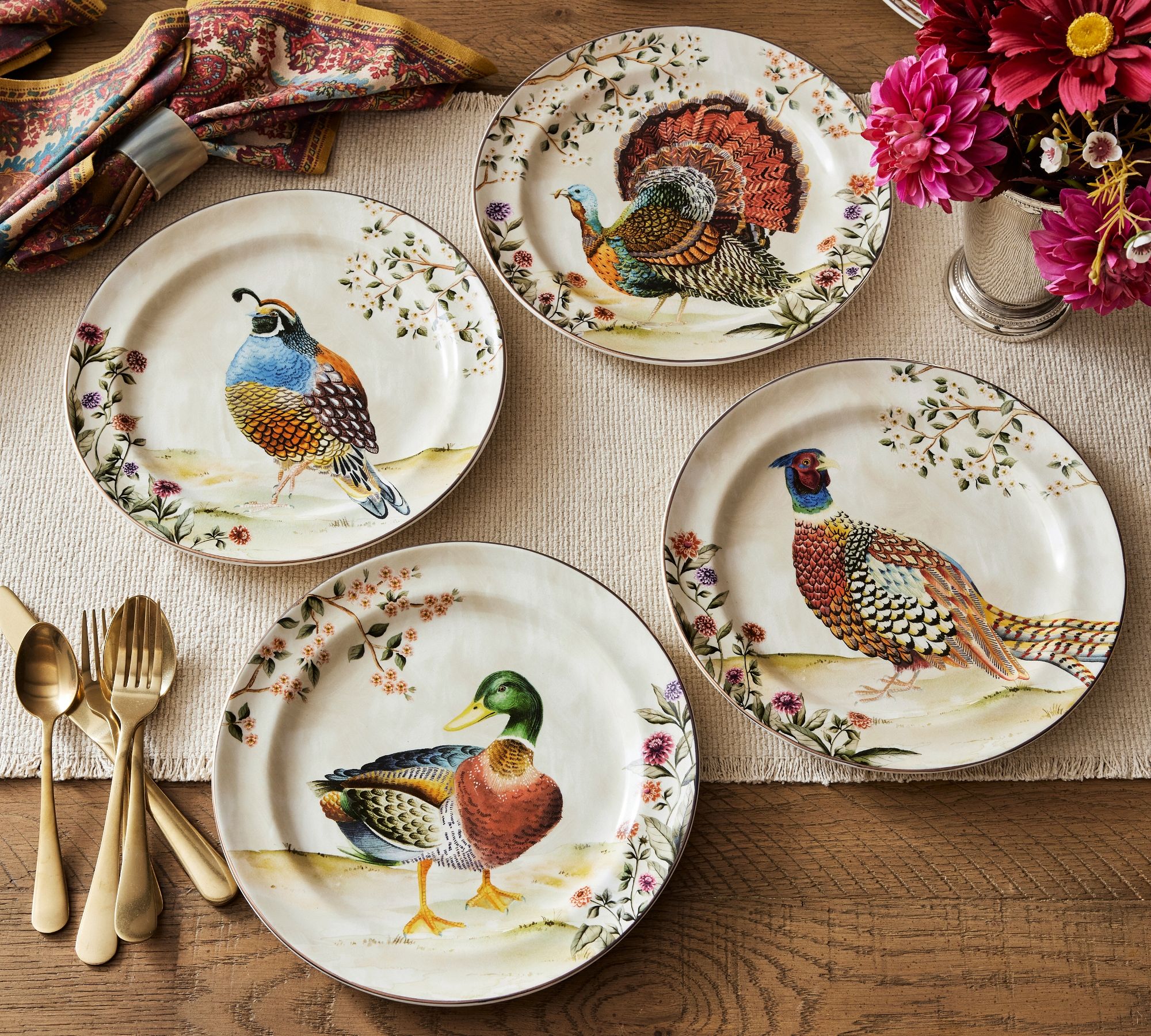 Botanical Harvest Bird Stoneware Dinner Plates - Mixed Set of 4