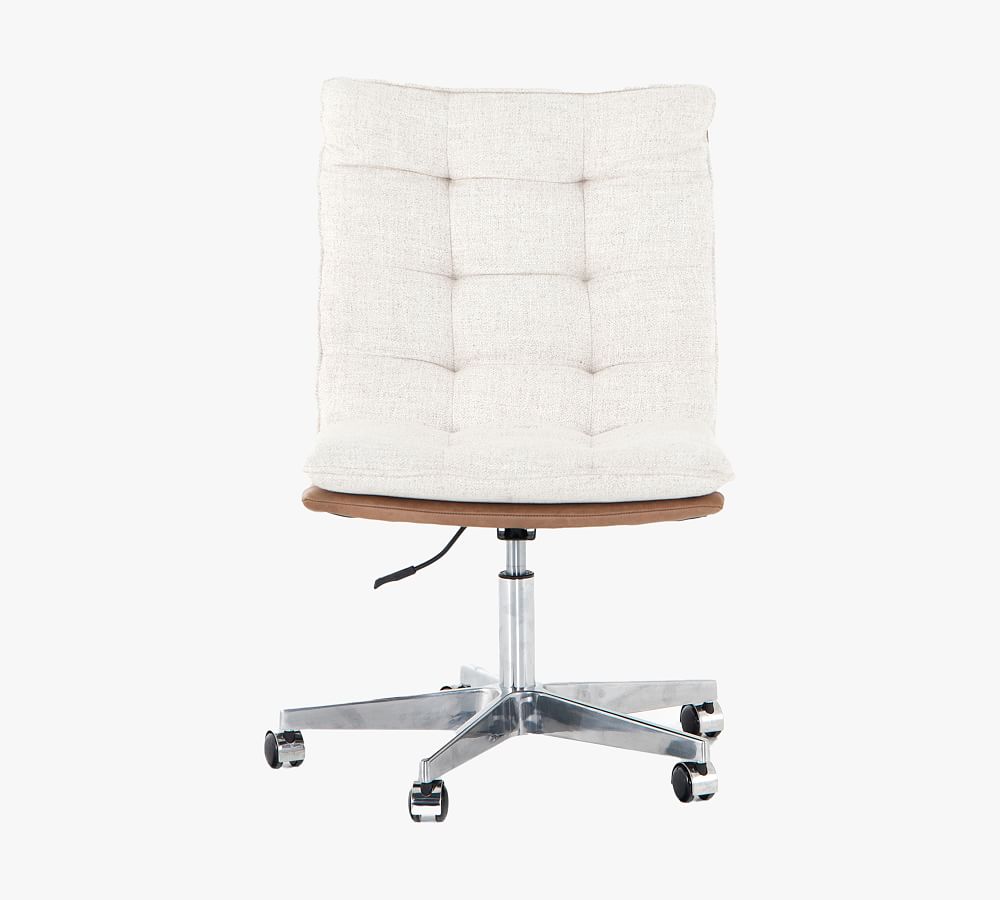 Contemporary Swivel Office Chair in Tan Leather and Cream Linen