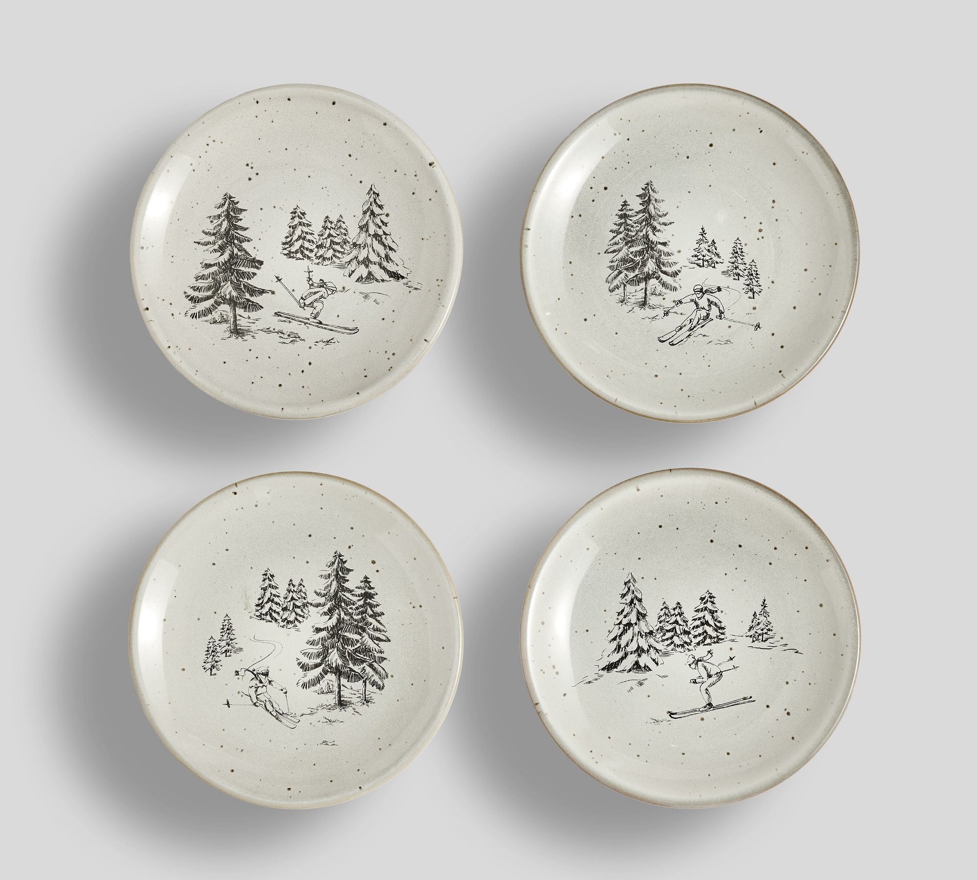 Rustic Forest Skier Stoneware Appetizer Plates - Mixed Set of 4