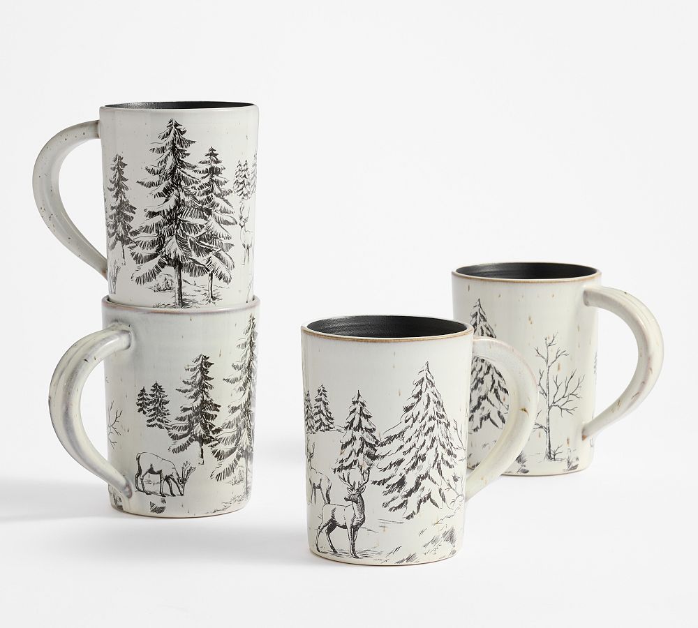 Rustic Forest Stoneware Mugs - Set of 4