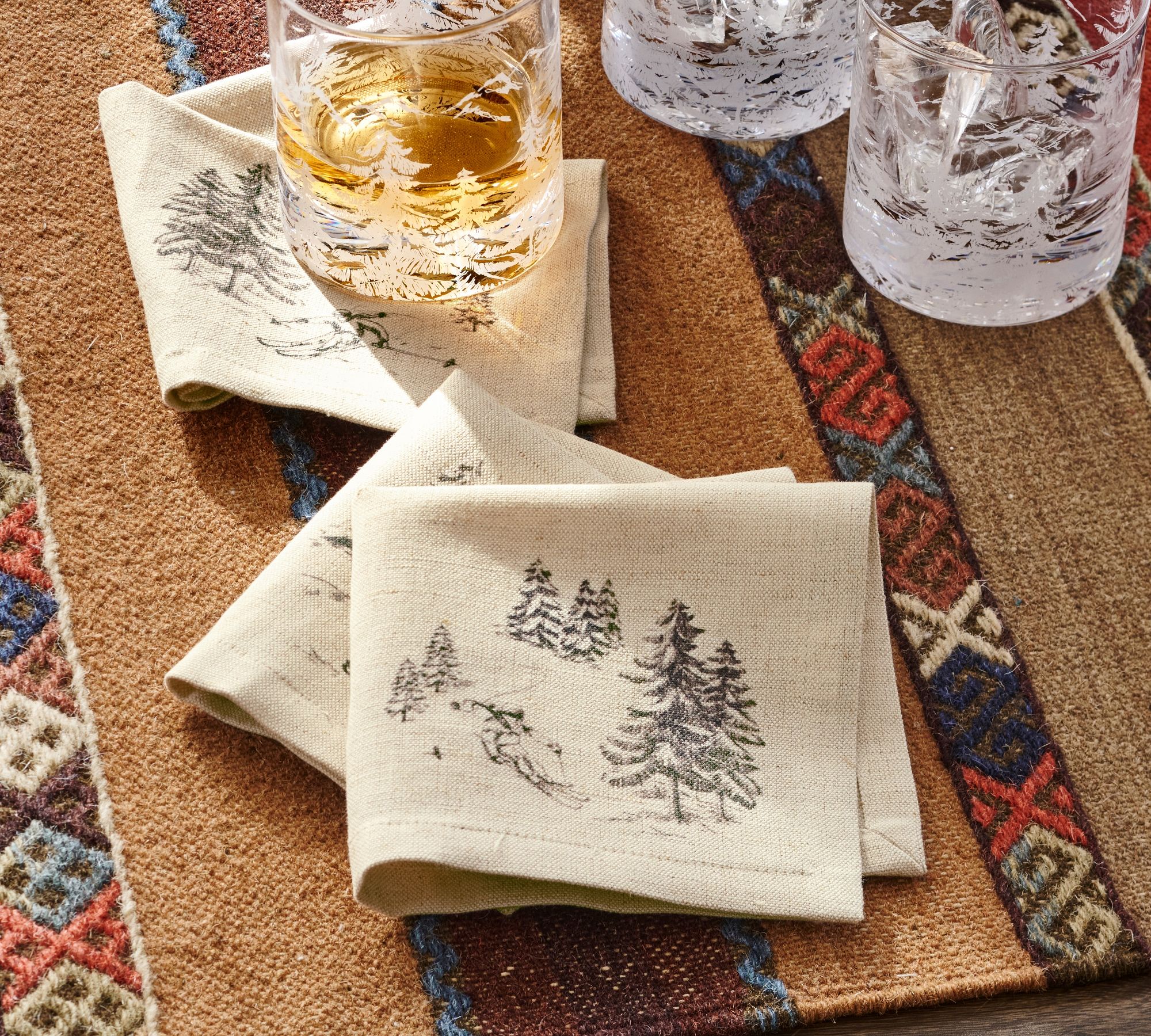 Rustic Forest Cotton/Linen Cocktail Napkins - Mixed Set of 4