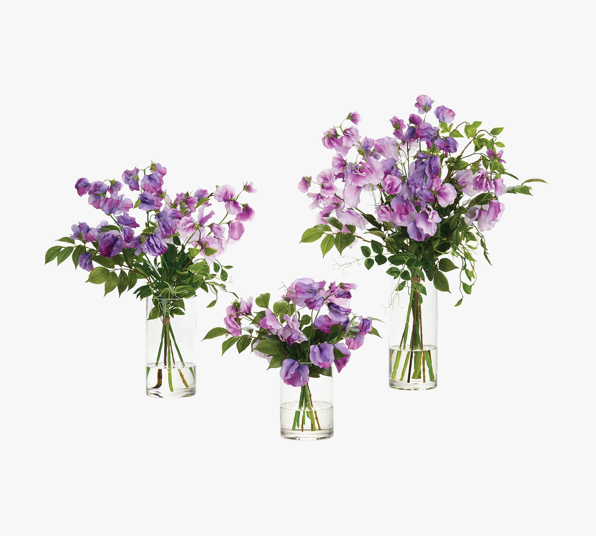 Faux Purple Sweet Pea Arrangement Glass Vase