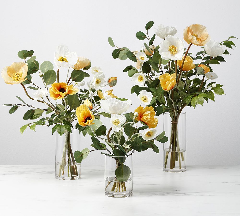 Faux Yellow &amp; White Poppy Arrangement In Glass Vase