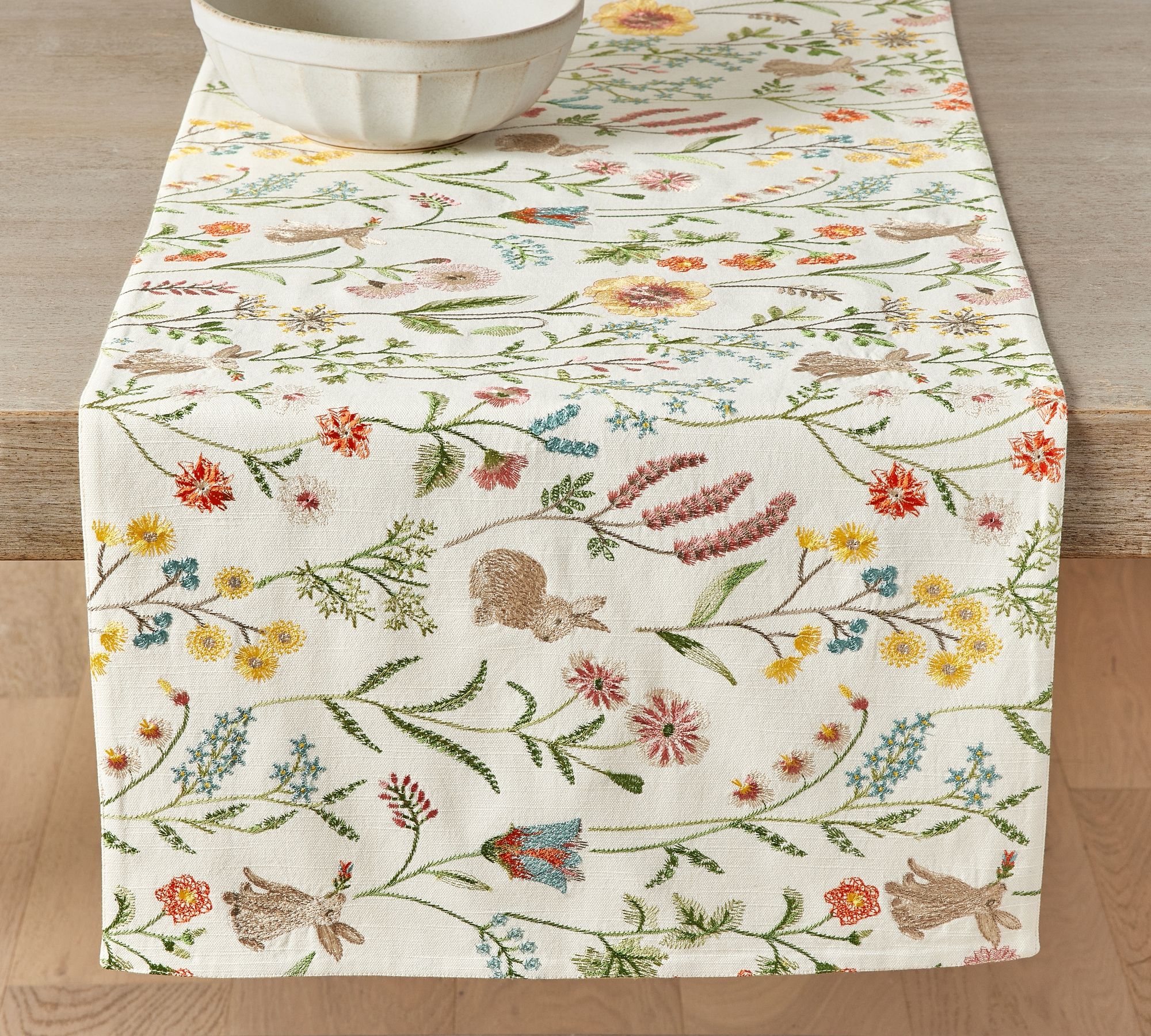 Spring Garden Embroidered Bunny Table Runner