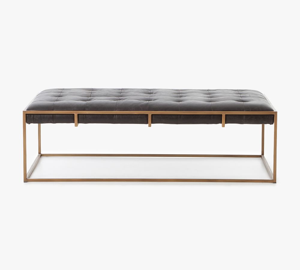 Olwina Distressed Leather Square Coffee Table in Brass-Tone