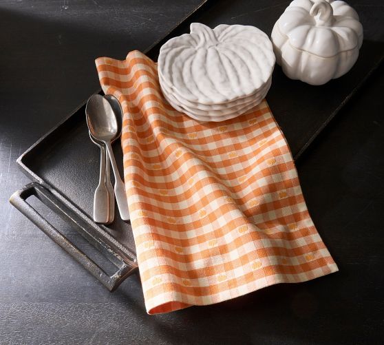 Pumpkin Gingham Organic Cotton Tea Towels - Set of 2 | Pottery Barn