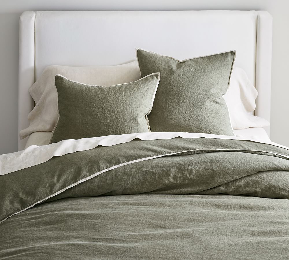 Belgian Flax Linen Contrast Flange Duvet Cover in Loden/Flax (King)