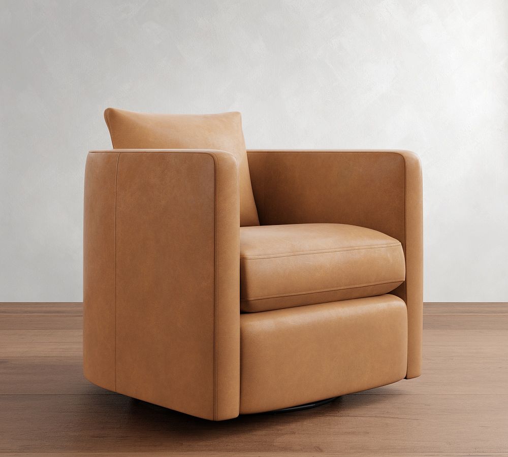 Ayden Barrel Leather Wood Base Swivel Chair | Pottery Barn
