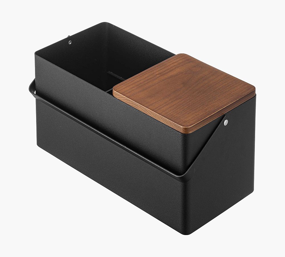Black Steel and Wood Makeup Organizer with Mirror