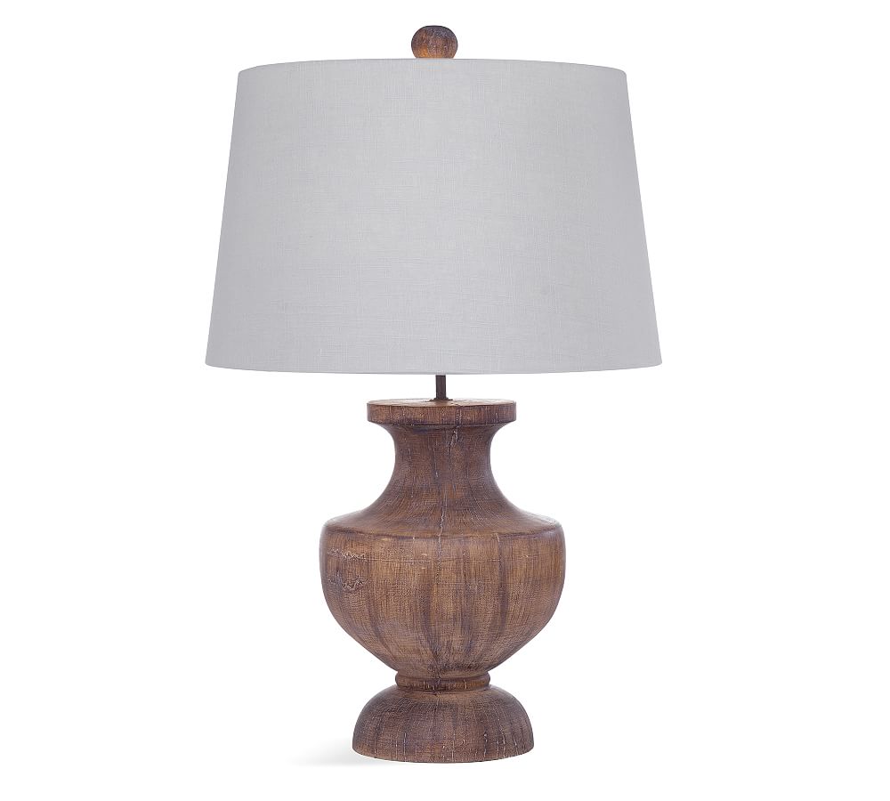 Distressed Brown Wood Table Lamp with White Linen Shade