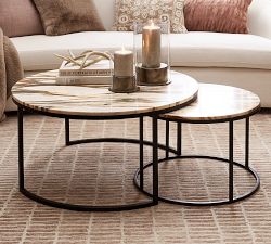 Pamapic 2-Piece Nesting Coffee Table Set - Round Marble & Wood Design For Living Rooms