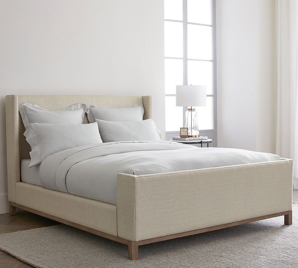 Jake Upholstered Platform Sleigh Bed with Wood Base Pottery Barn