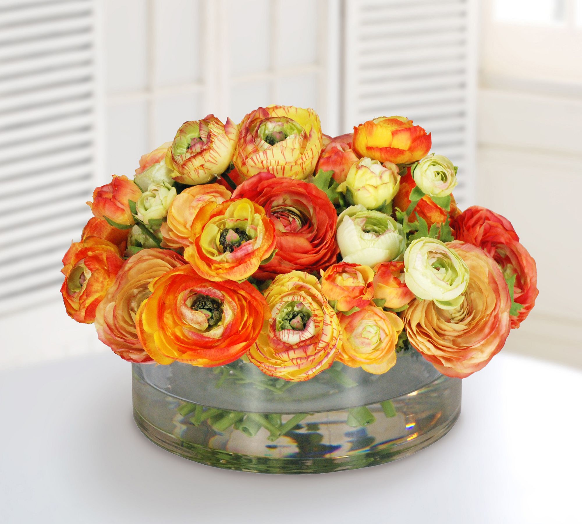 Faux Mix Orange Ranunculus in Round Glass Bowl