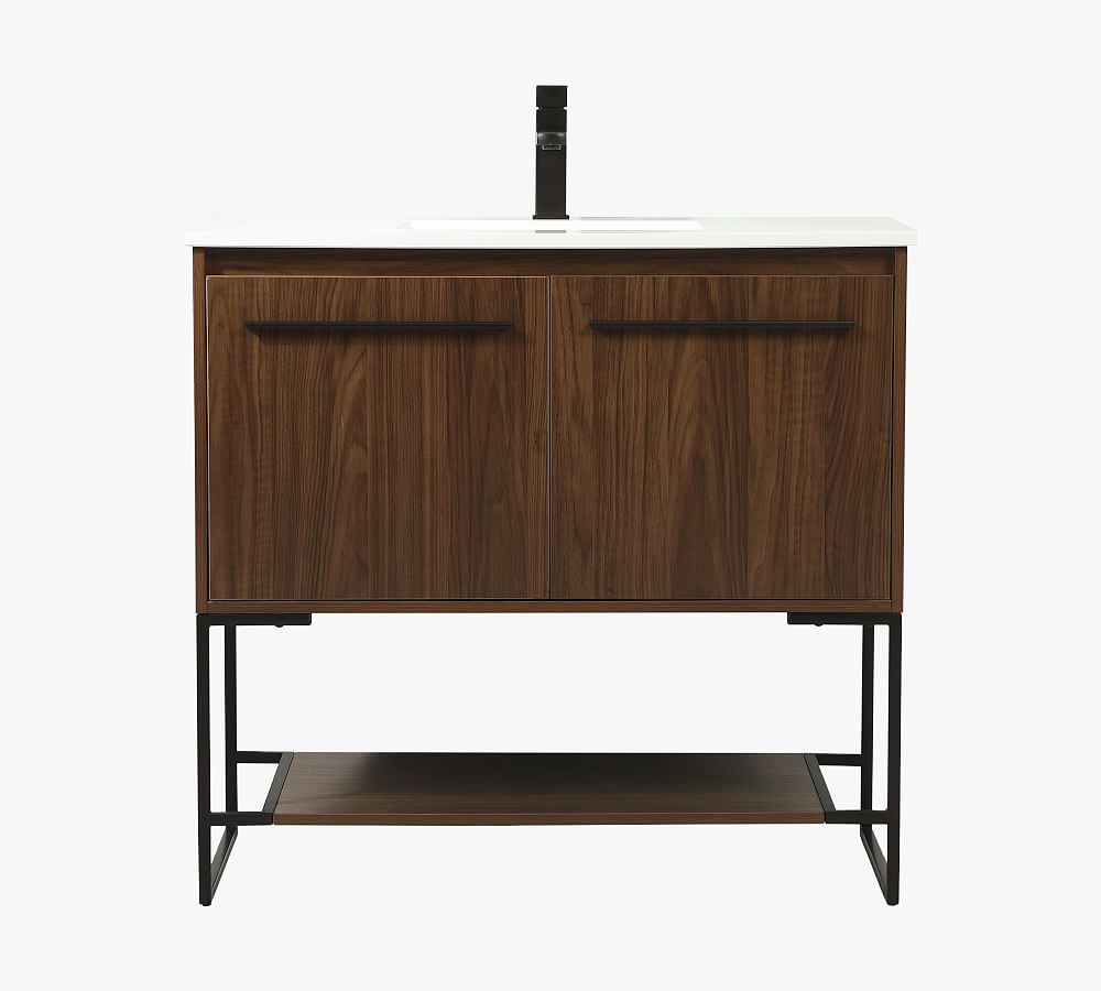 Walnut and White 36" Single Sink Vanity with Black Metal Base