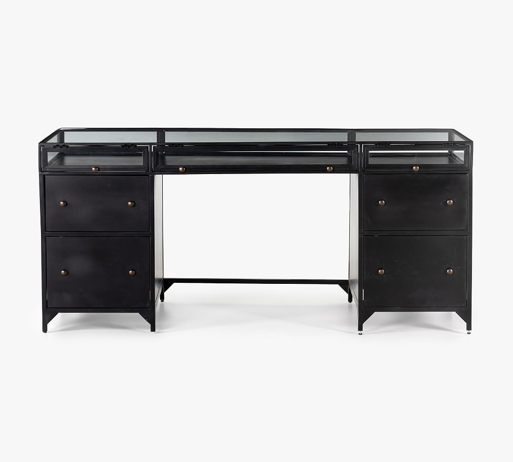Sleek Black Executive Desk with Shadow Box Display and Filing Cabinet