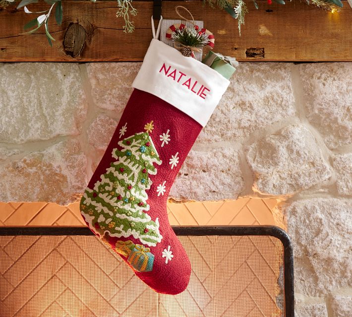 Embroidered/Crewel Pottery Barn Christmas Stocking on sale Red with Green Holly