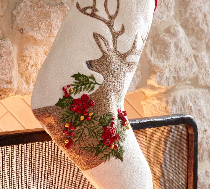 Embroidered/Crewel Pottery Barn Christmas Stocking on sale Red with Green Holly