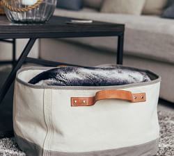 Canvas Gray Tub Storage Basket W/ Leather Handles