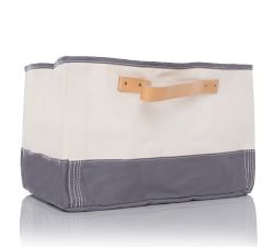 Canvas Gray Tub Storage Basket W/ Leather Handles