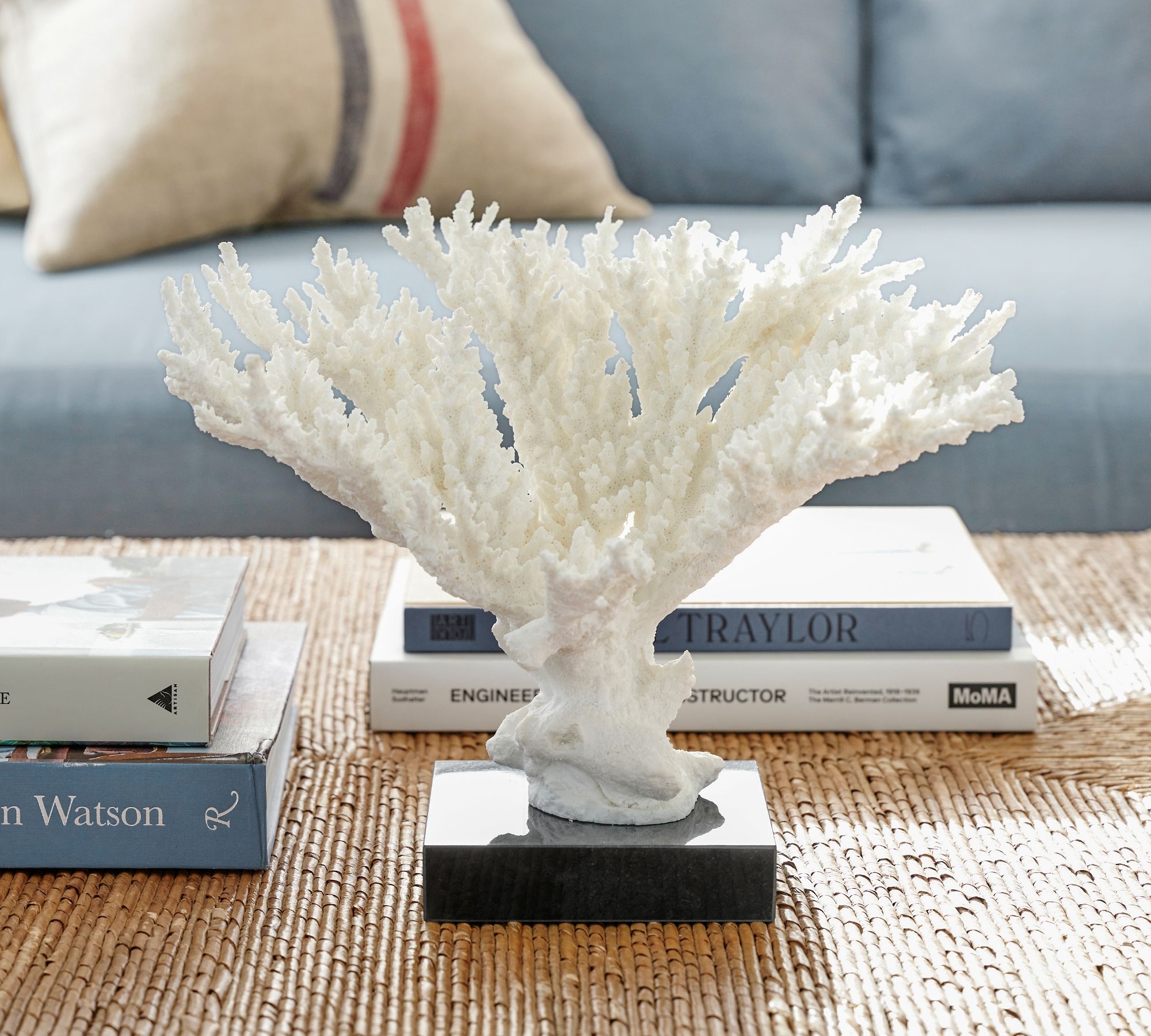 Faux White Branching Coral on Black Stand