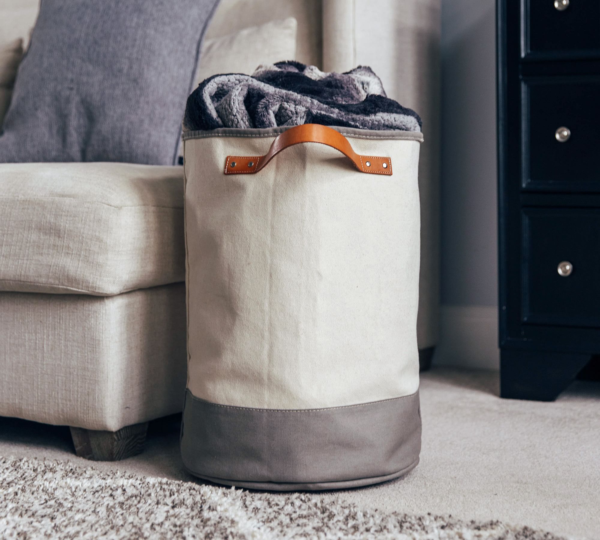 Canvas Gray Laundry Hamper Storage Basket W/ Leather Handles