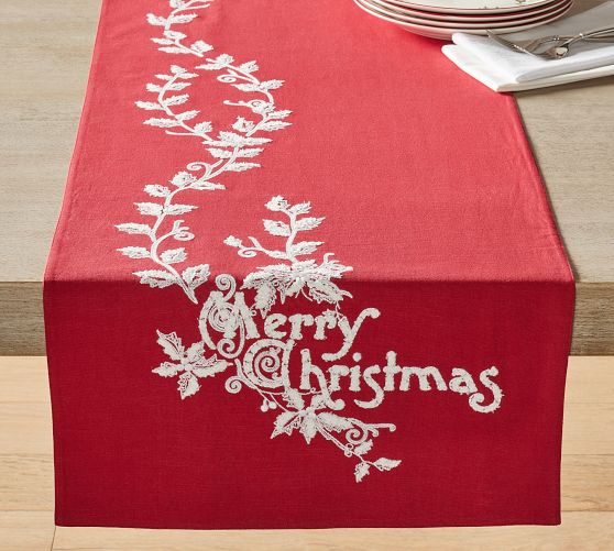 Sleigh Bell Crewel Embroidered Cotton Table Runner | Pottery Barn