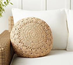 Round Hand-Crochet Faux Natural Fiber Outdoor Pillow