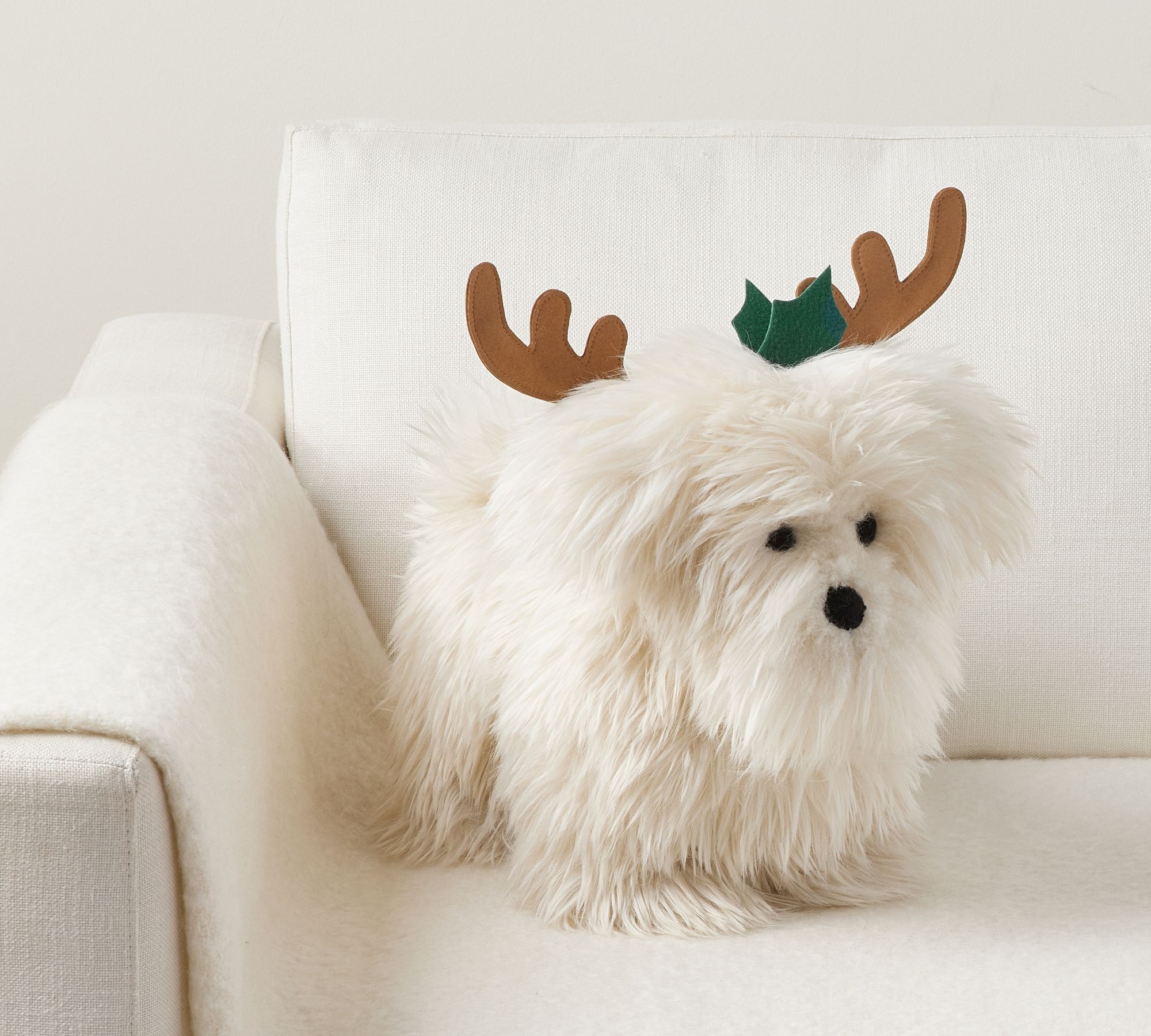 Pottery Barn Luxe Faux Fur Dog with Antlers Shaped Pillow The Summit at Fritz Farm